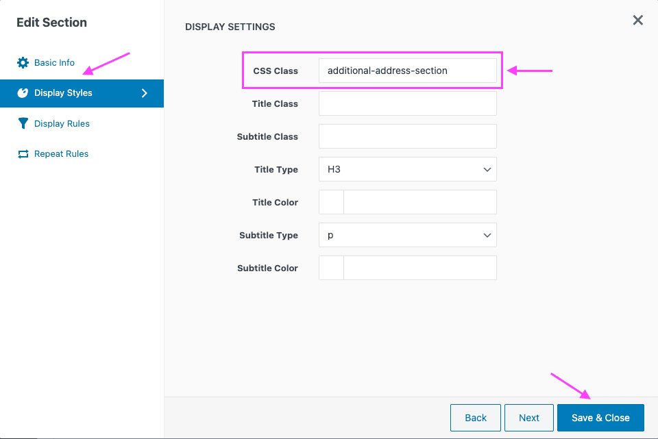 Screenshot of the edit section popup, showing the custom CSS class added to the custom address section in the display styles tab.
