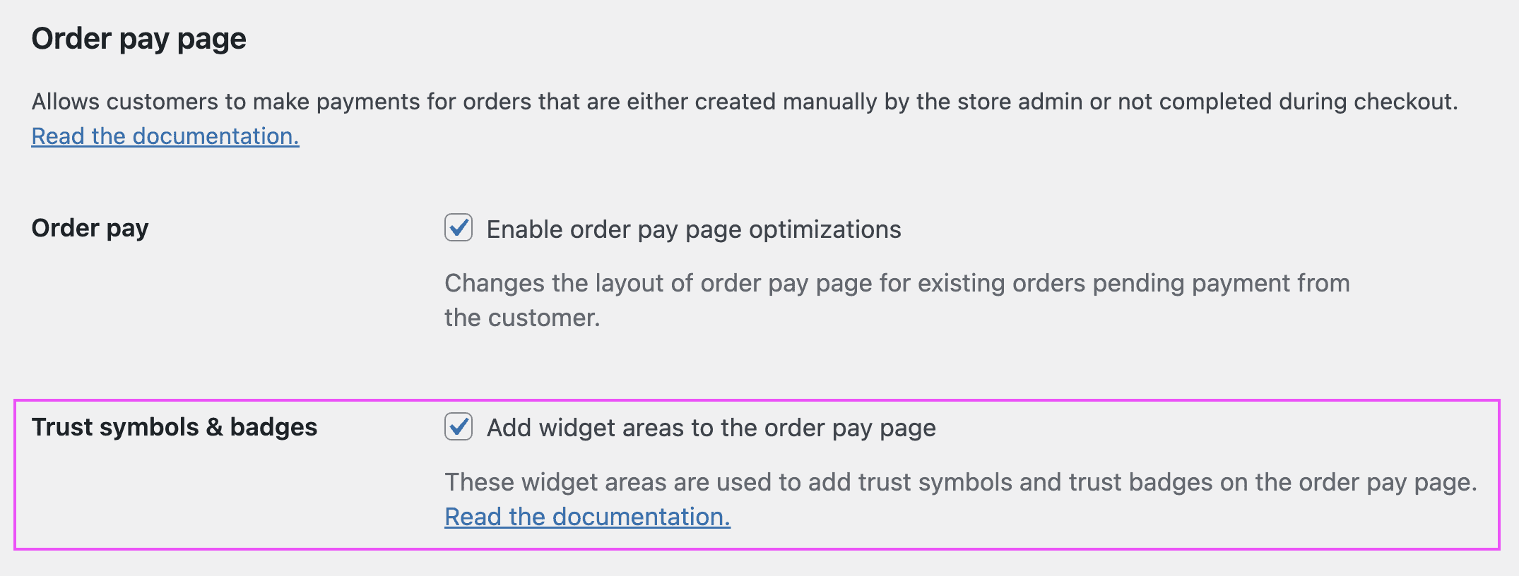 Order pay page settings with trust symbols options.