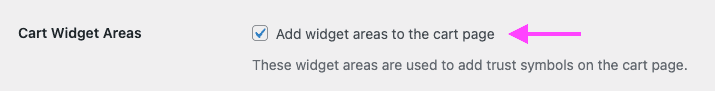 Screenshot of the plugin settings showing the option to enable widget areas on the cart page.