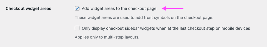 Screenshot of the plugin settings showing the option to enable widget areas on the checkout page.