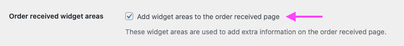 Screenshot of the plugin settings showing the option to enable widget areas on the order received (thank you) page.