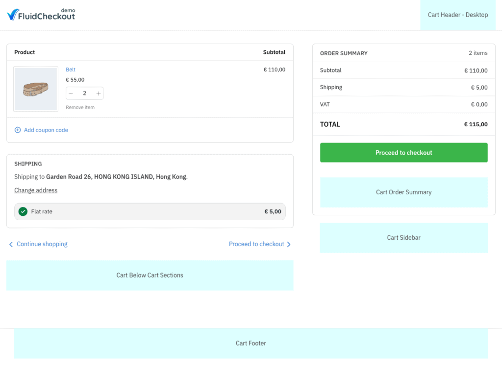 Screenshot of the cart page showing the location for each widget area used for adding trust symbols.