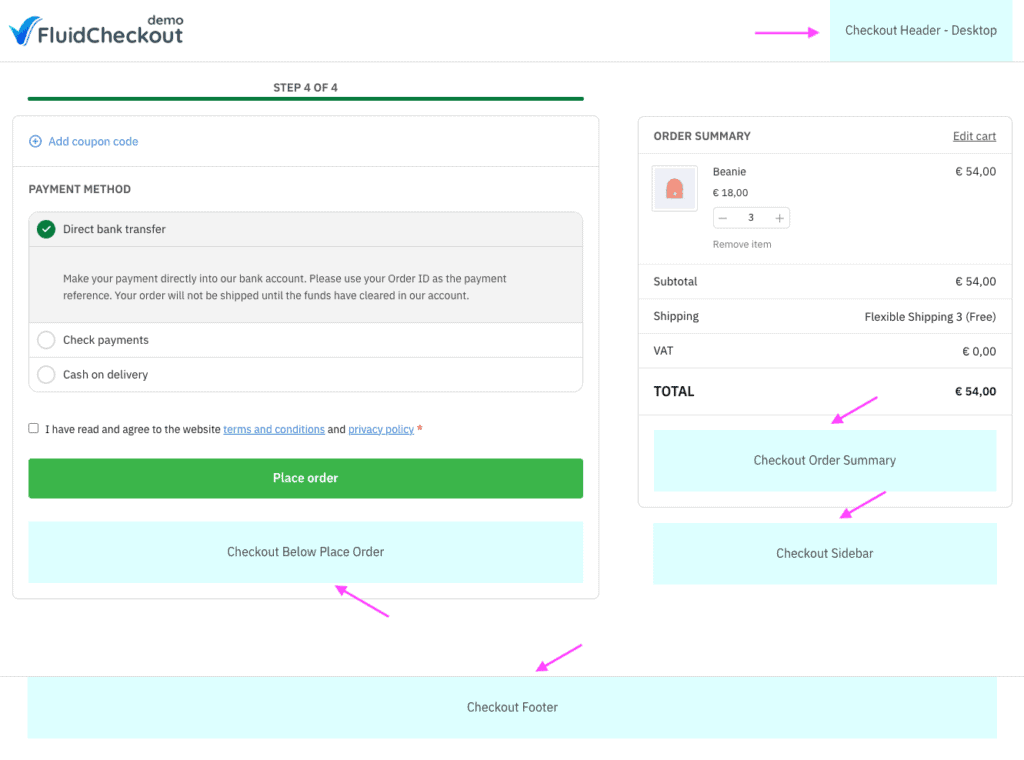 Screenshot of the checkout page showing the location for each widget area used for adding trust symbols.