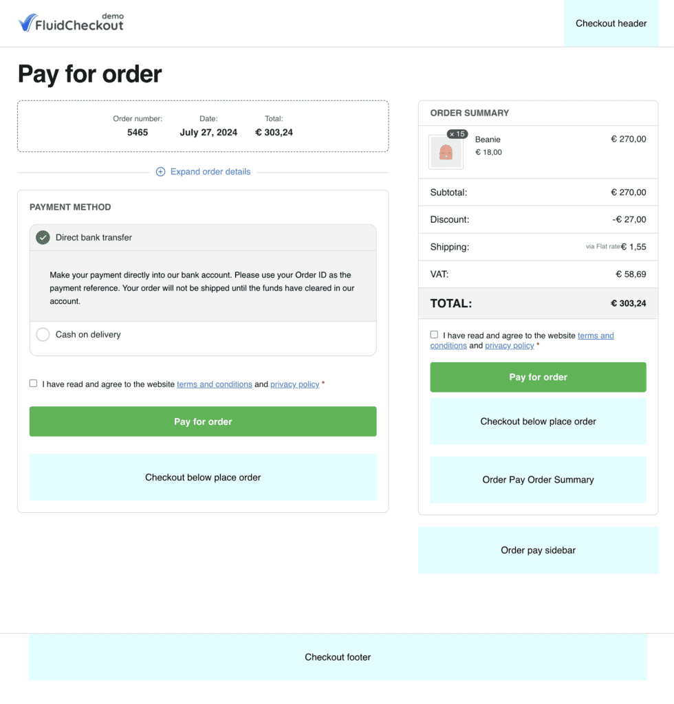 Screenshot of the widget areas placement on the order pay page.