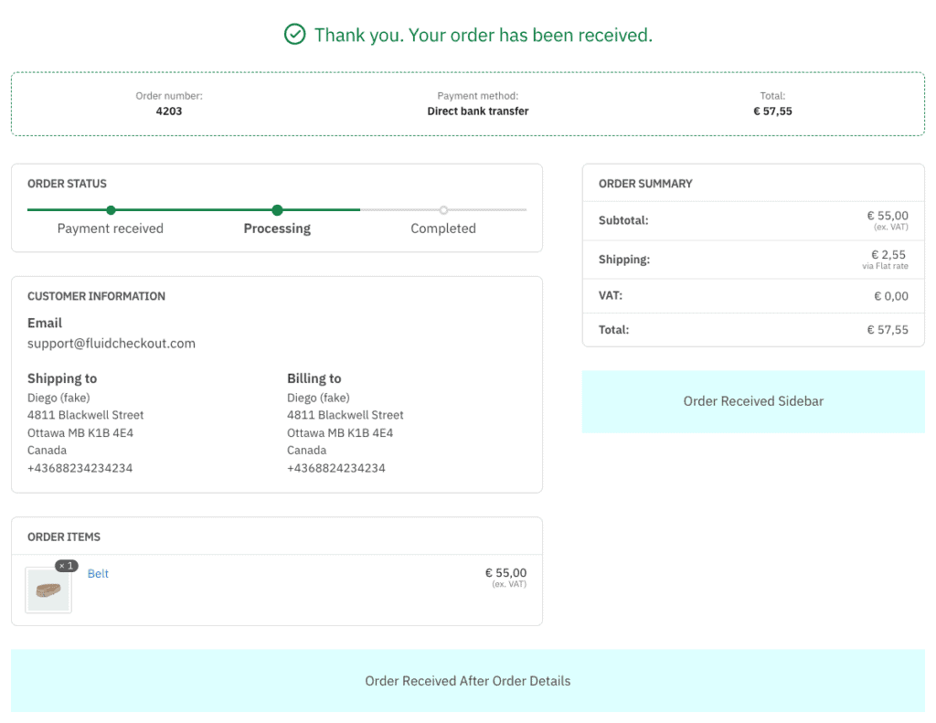 Screenshot of the order received (thank you) page showing the location for each widget area used for adding trust symbols.