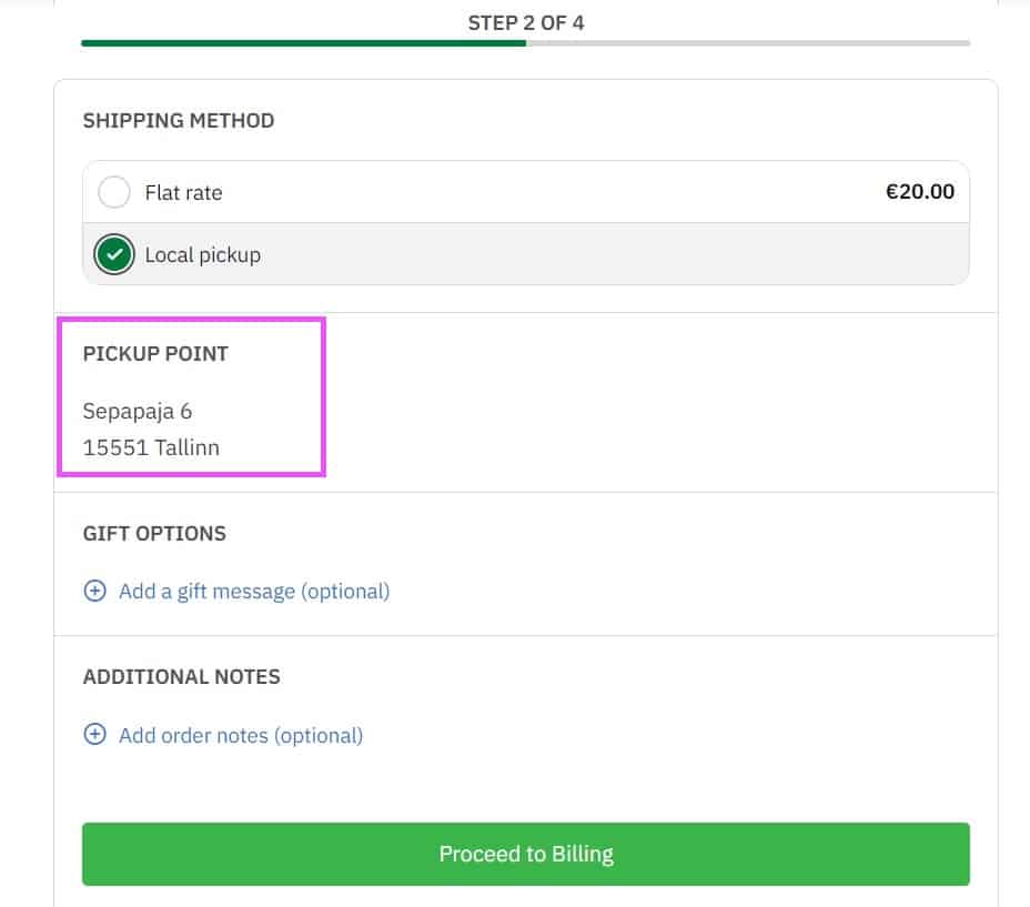 Screenshot of the "Pickup point" section on the checkout page.