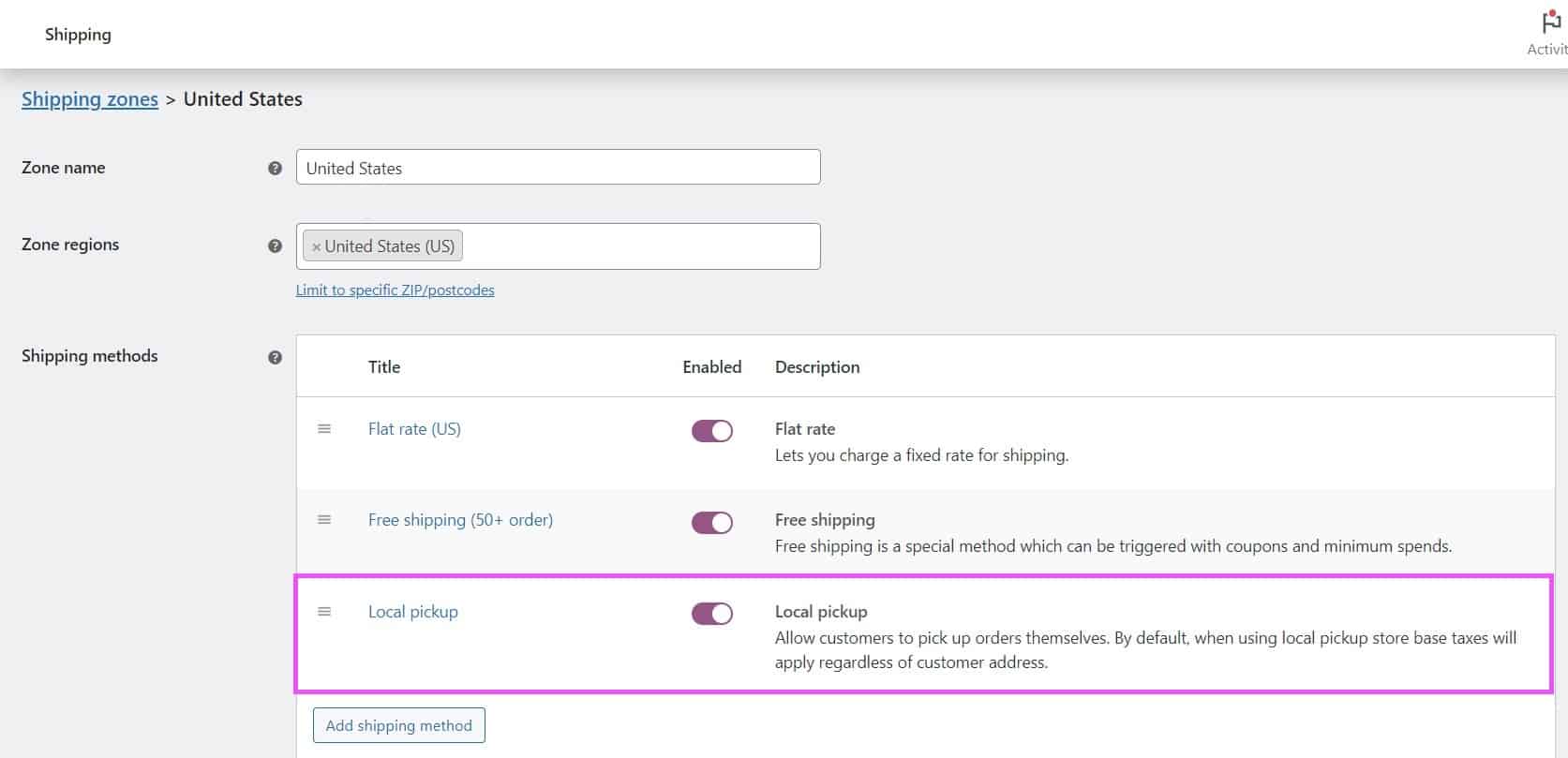 Screenshot of the shipping methods available for a shipping zone, with a "Local pickup" shipping method highlighted.
