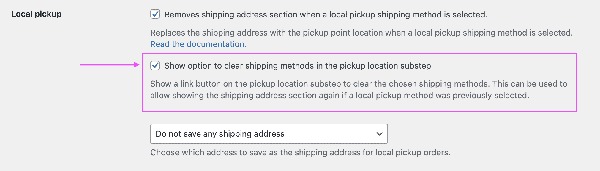 Screenshot of the Local Pickup feature settings, highlighting the option to show a button to clear the selected shipping methods.