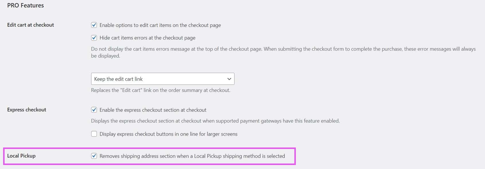 Screenshot of the Local Pickup feature option in the Fluid Checkout plugin settings.