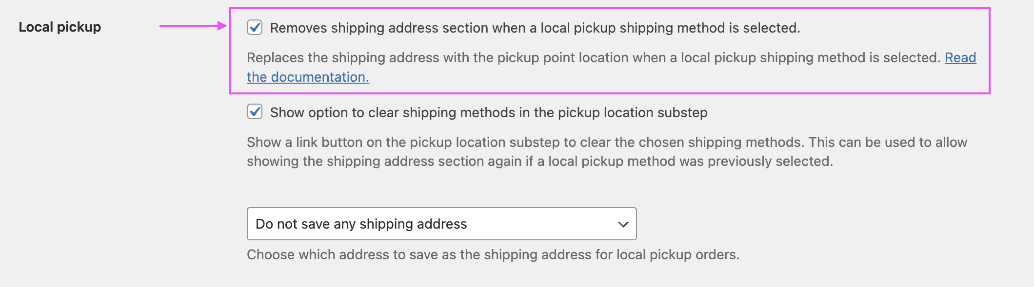 Screenshot of the Local 
Pickup feature in the plugin settings, highlighting the option to enable this feature.