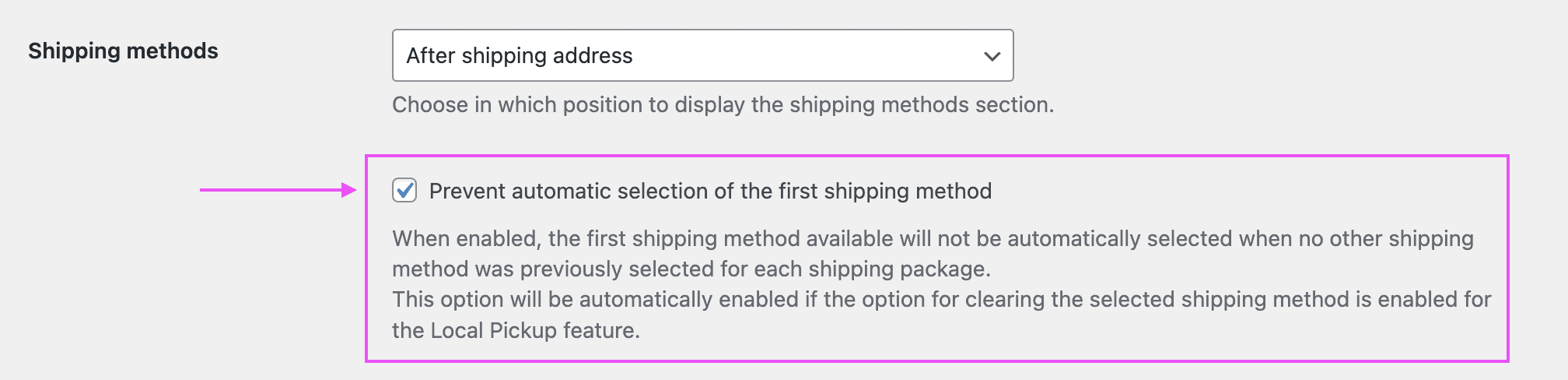 Screenshot of the plugin settings, showing the option to prevent automatically selecting the first available shipping method when first visiting the checkout page for a new order.