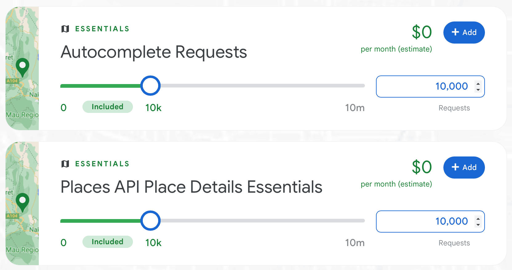 Screenshot of the Google Maps pricing page showing the estimated monthly amount of zero for up to 10k requests.