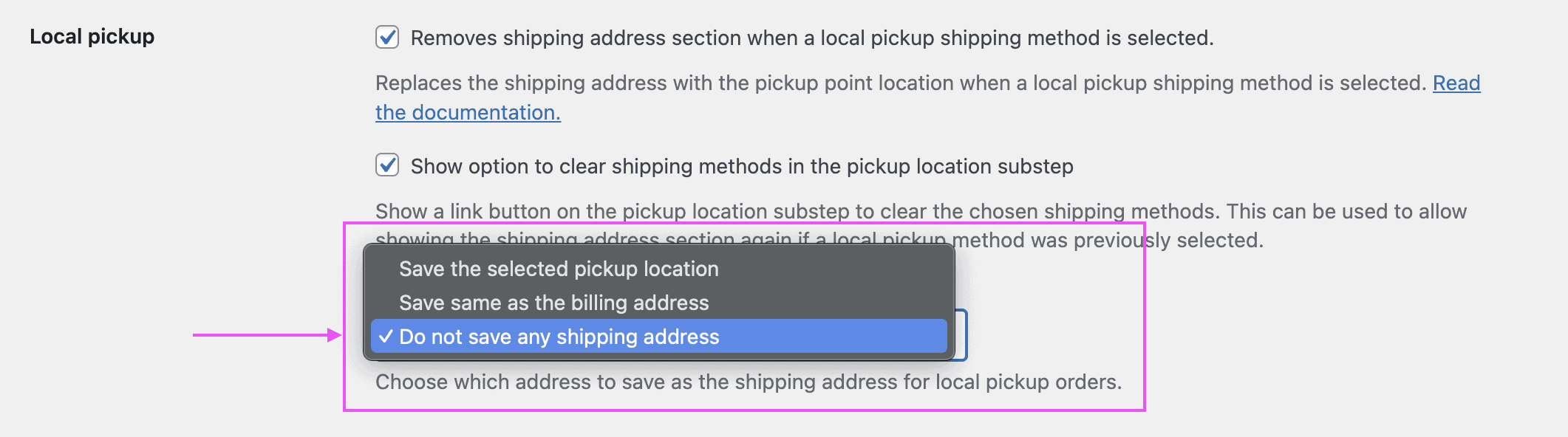 Screenshot of the Local Pickup feature in the plugin settings, highlighting the option to choose which address is saved as the shipping address for local pickup orders.