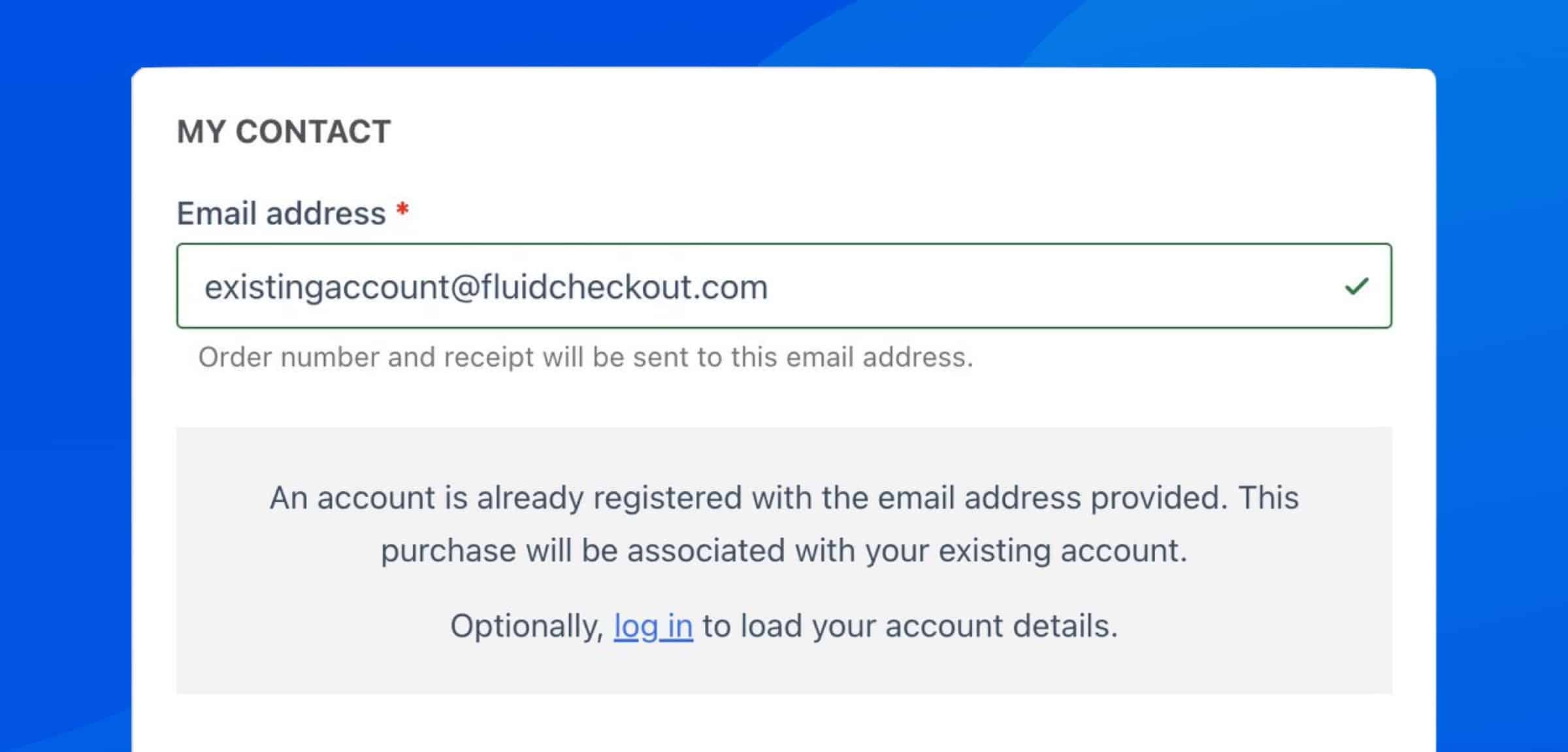 Screenshot of the account matching feature, showing the email field and the notification for existing customers prompting to log in.