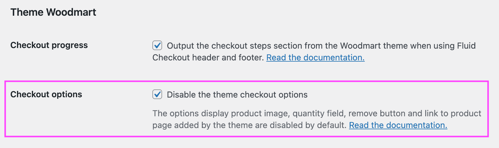 Screenshot of the Woodmart checkout options in the Fluid Checkout integration settings.