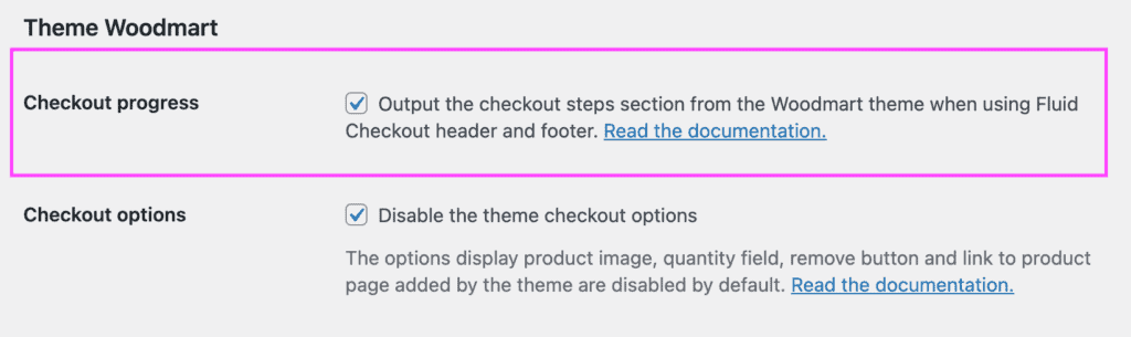 Screenshot of the Woodmart checkout progress section options in the Fluid Checkout integration settings.