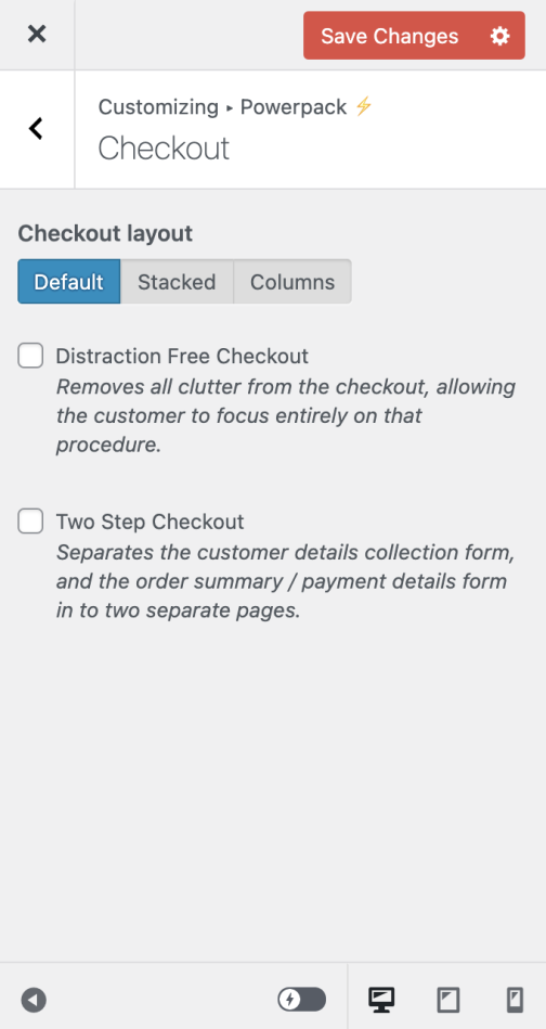 Screenshot showing the Storefront Powerpack checkout options in the theme customizer screen.