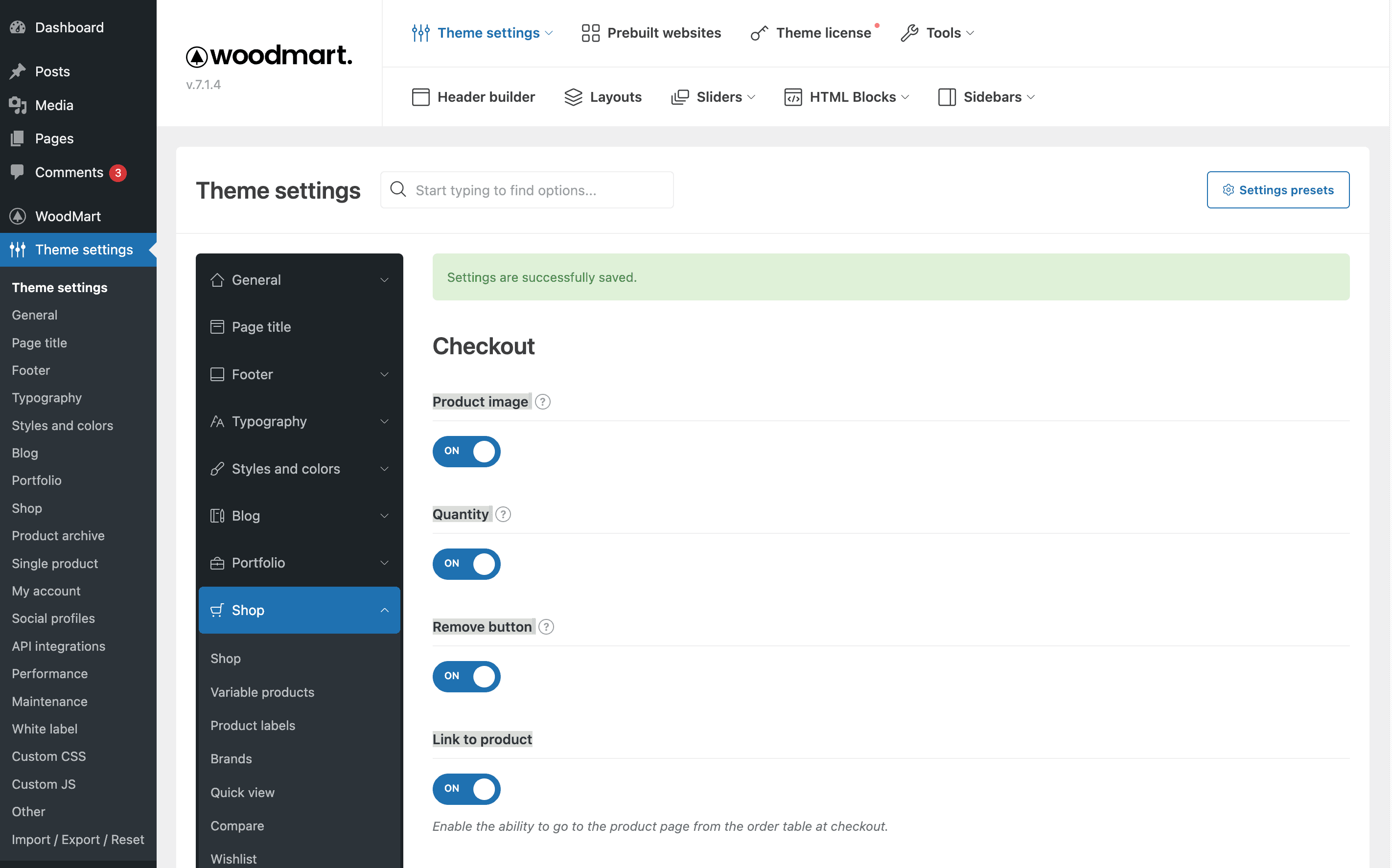 Screenshot showing the Woodmart theme options for the checkout page.