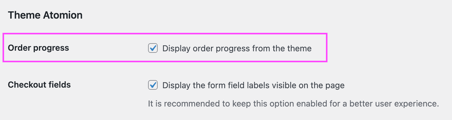 Screenshot of the Atomion integration settings, showing the order progress options.