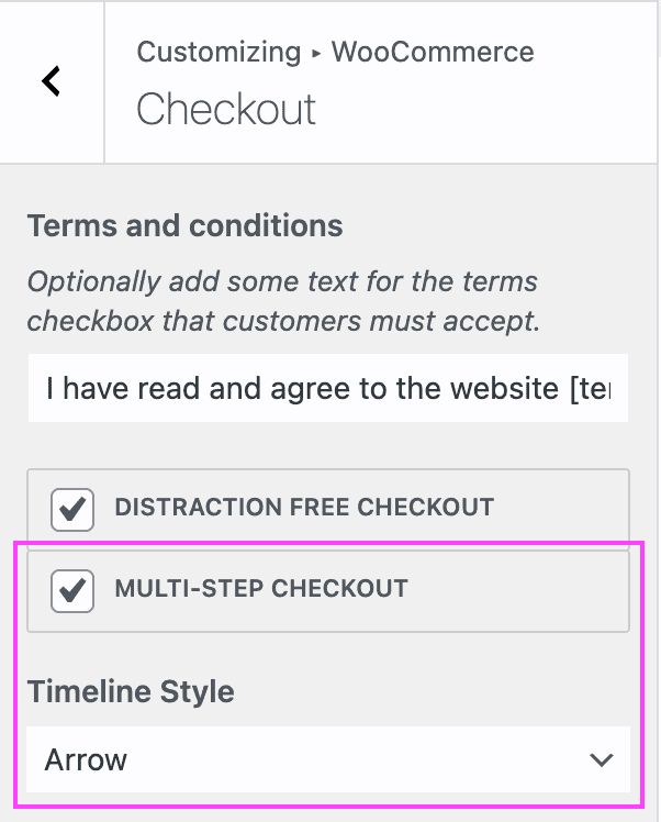 Screenshot showing the OceanWP theme options for the checkout page.