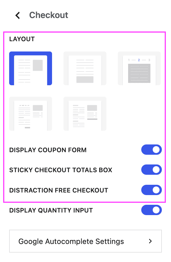 Screenshot showing the Botiga theme options disabled for the checkout page when using Fluid Checkout Lite.