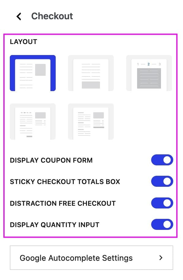 Screenshot showing the Botiga theme options disabled for the checkout page when using Fluid Checkout PRO.