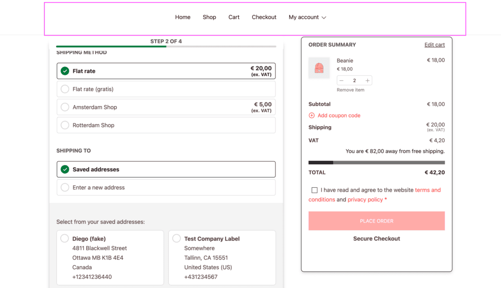 Screenshot of the checkout page showing the site header and the sticky progress bar and order summary placed in the right position.