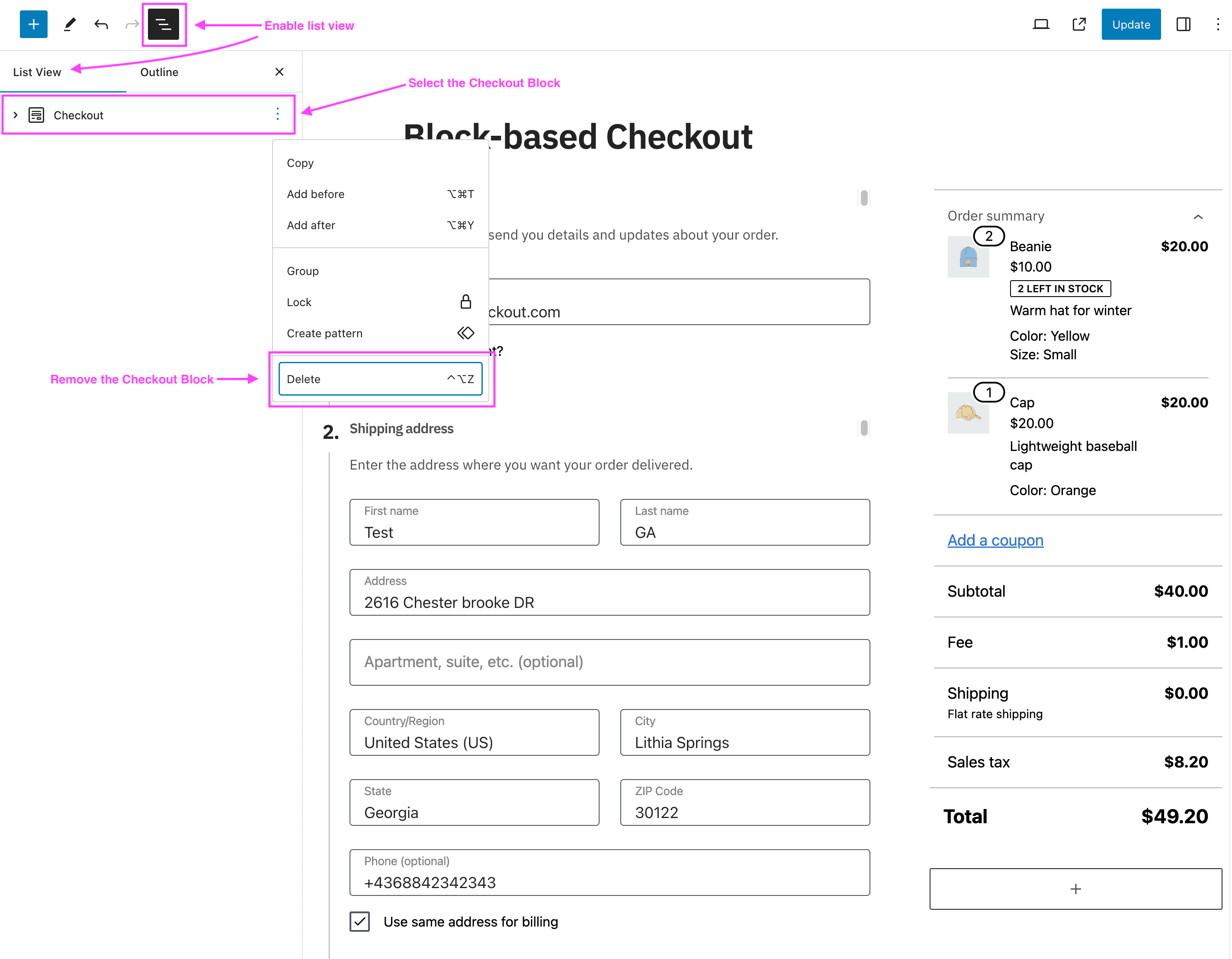 Screenshot of the checkout edit page screen, showing the steps to delete the block-based checkout form.