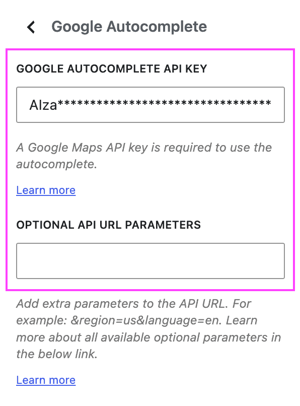 Screenshot showing the Botiga theme options disabled when using the Google Address Autocomplete add-on.