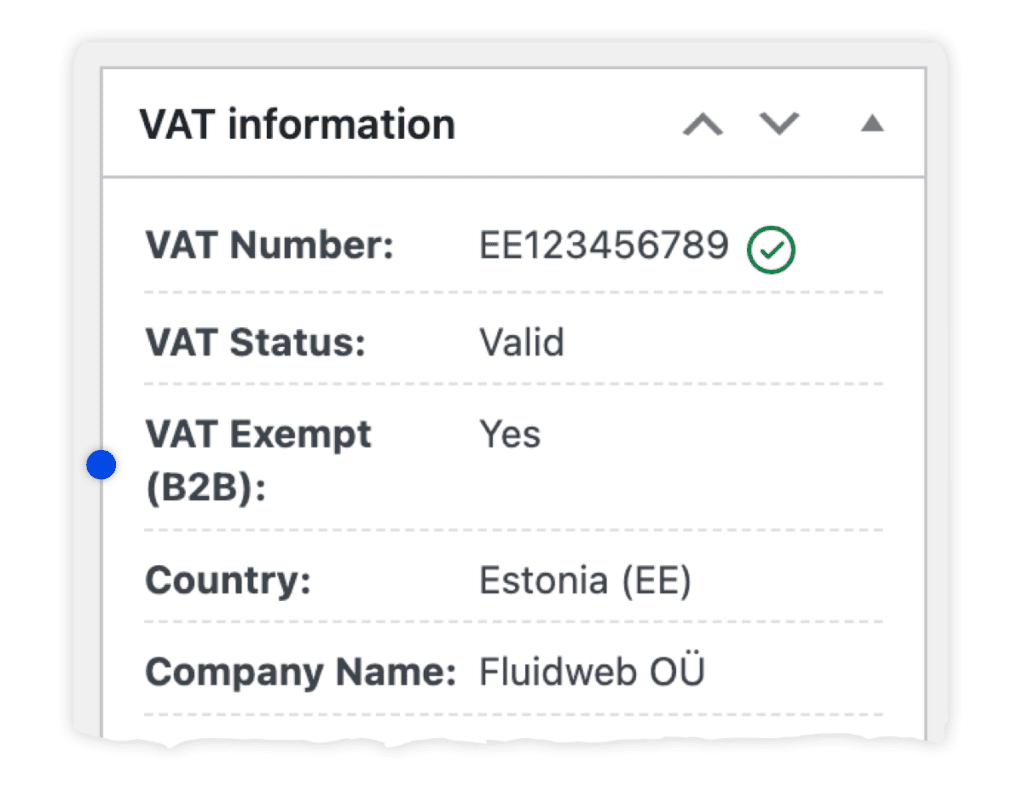 Screenshot of the VAT information box showing a B2B transaction which is VAT exempt.