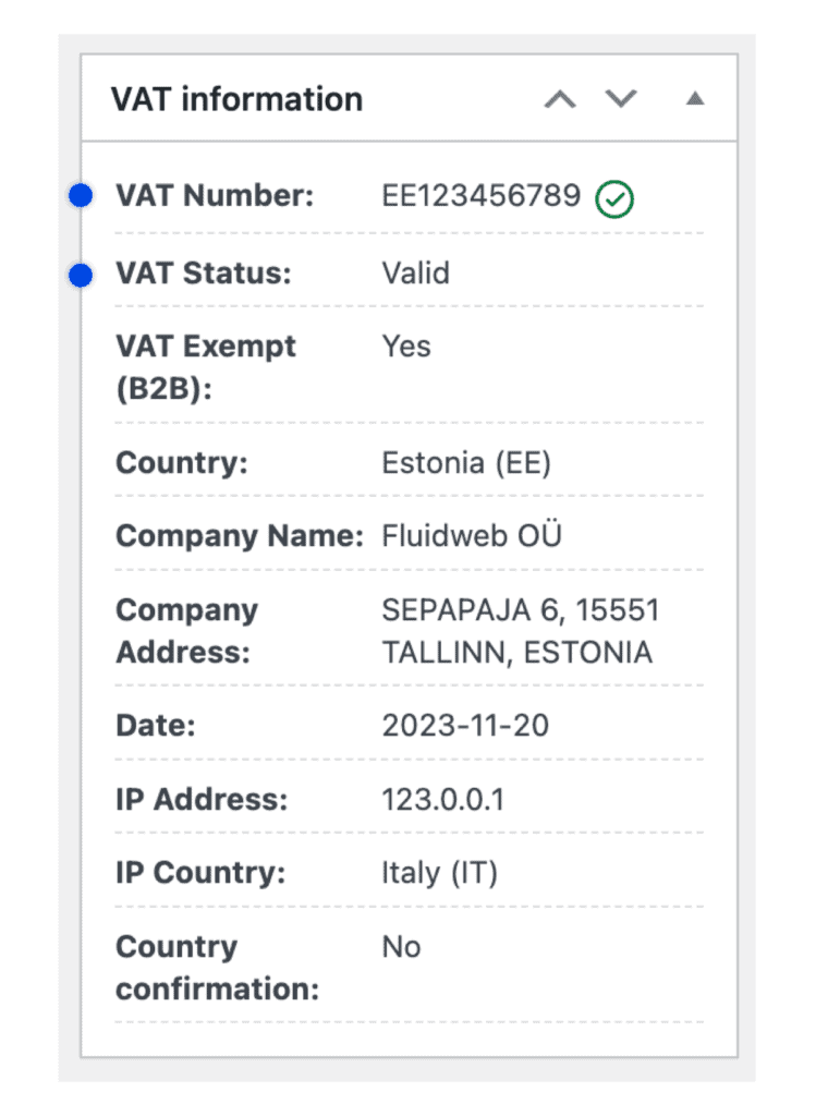 Screenshot of the VAT information box showing the VAT validation status and other data.