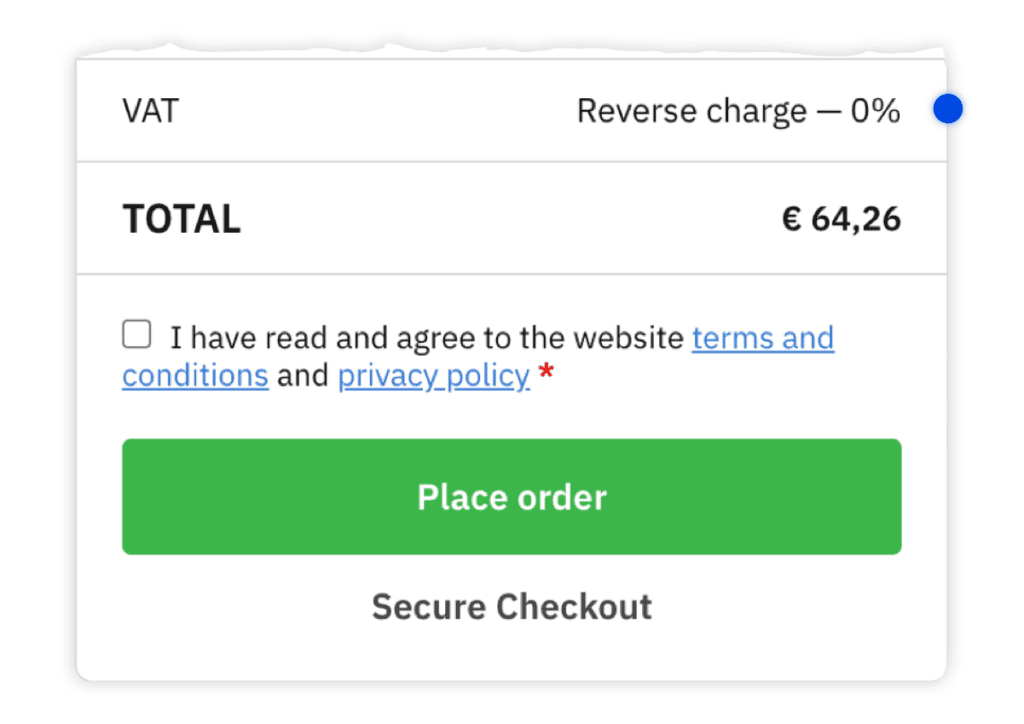 Screenshot showing the VAT tax charges removed for eligible business within the EU.