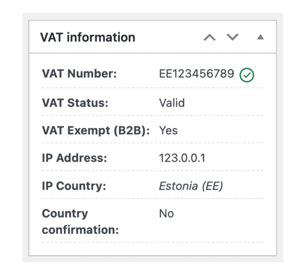 Screenshot of the VAT information box showing an order saved with the official WooCommerce extension.