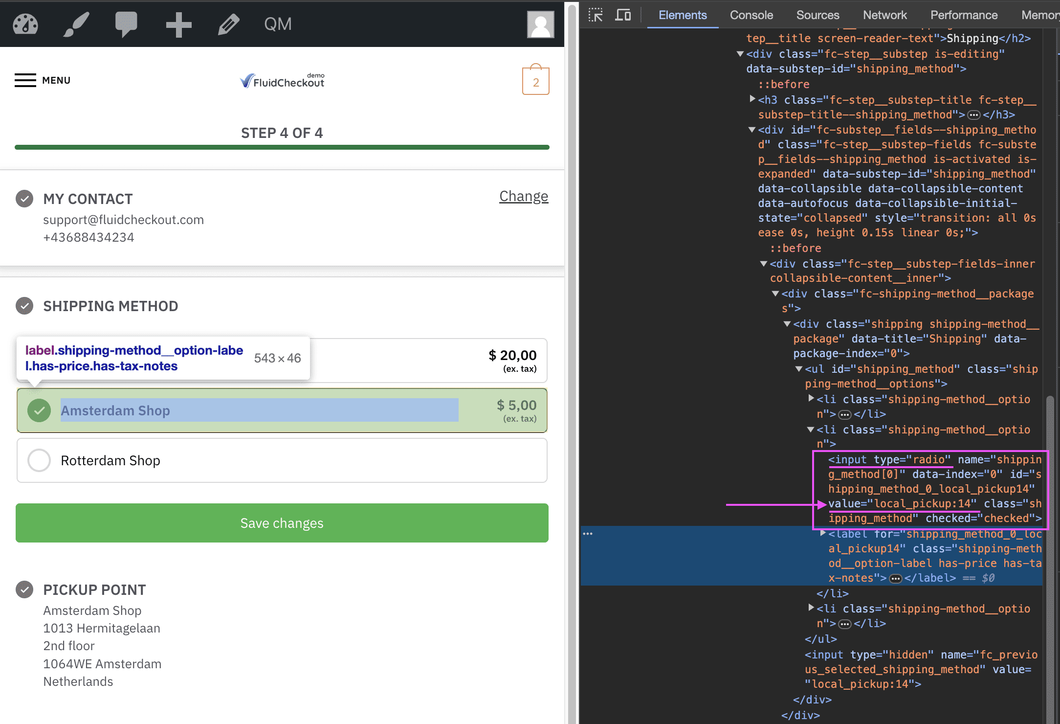 Screenshot of the developer tools showing where to locate the shipping method id.