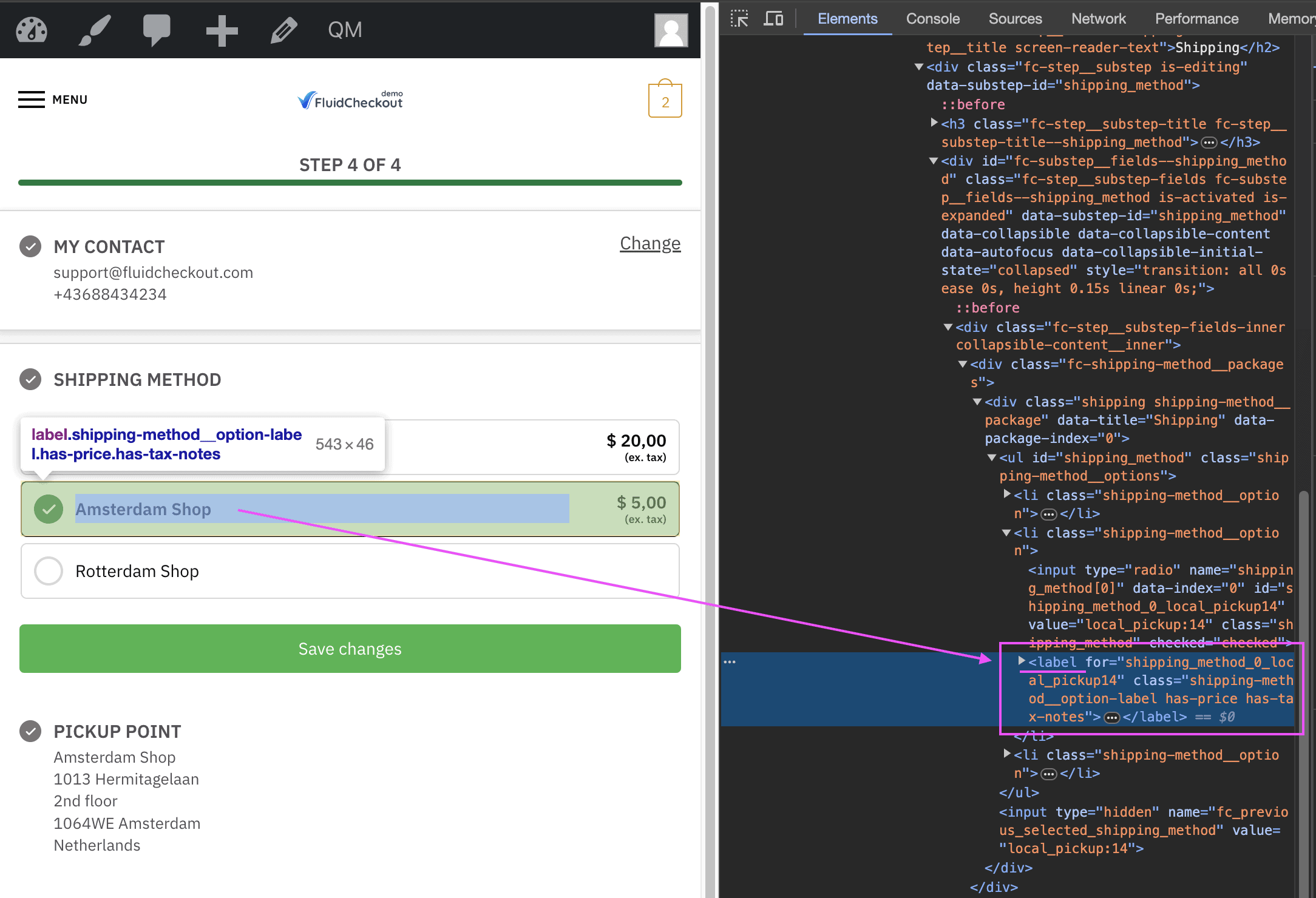 Screenshot of the developer tools showing where to locate the shipping method `label` element after right-clicking and selecting the "Inspect" option.