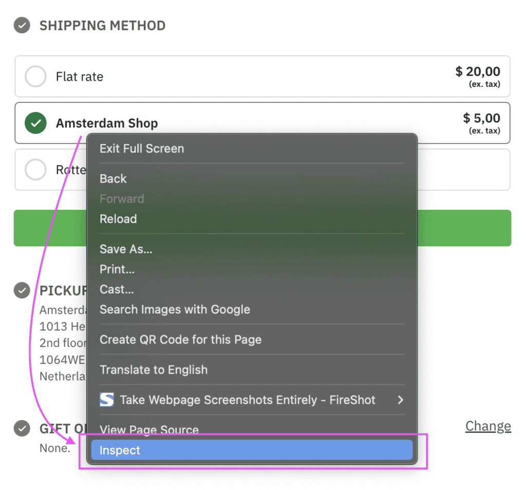 Screenshot of context options available when right-clicking the shipping method element on the checkout page, with the option "Inspect" highlighted.