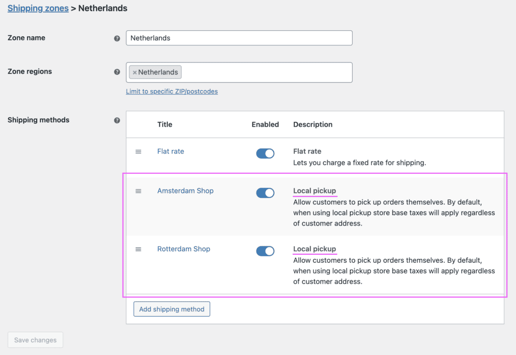 Screenshot of multiple local pickup shipping methods created for one shipping zone in the WooCommerce Shipping settings.