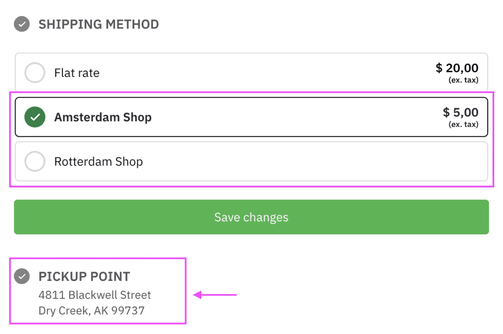 Screenshot of the available shipping method list on the checkout page showing the pickup location as configured in the WooCommerce General settings.