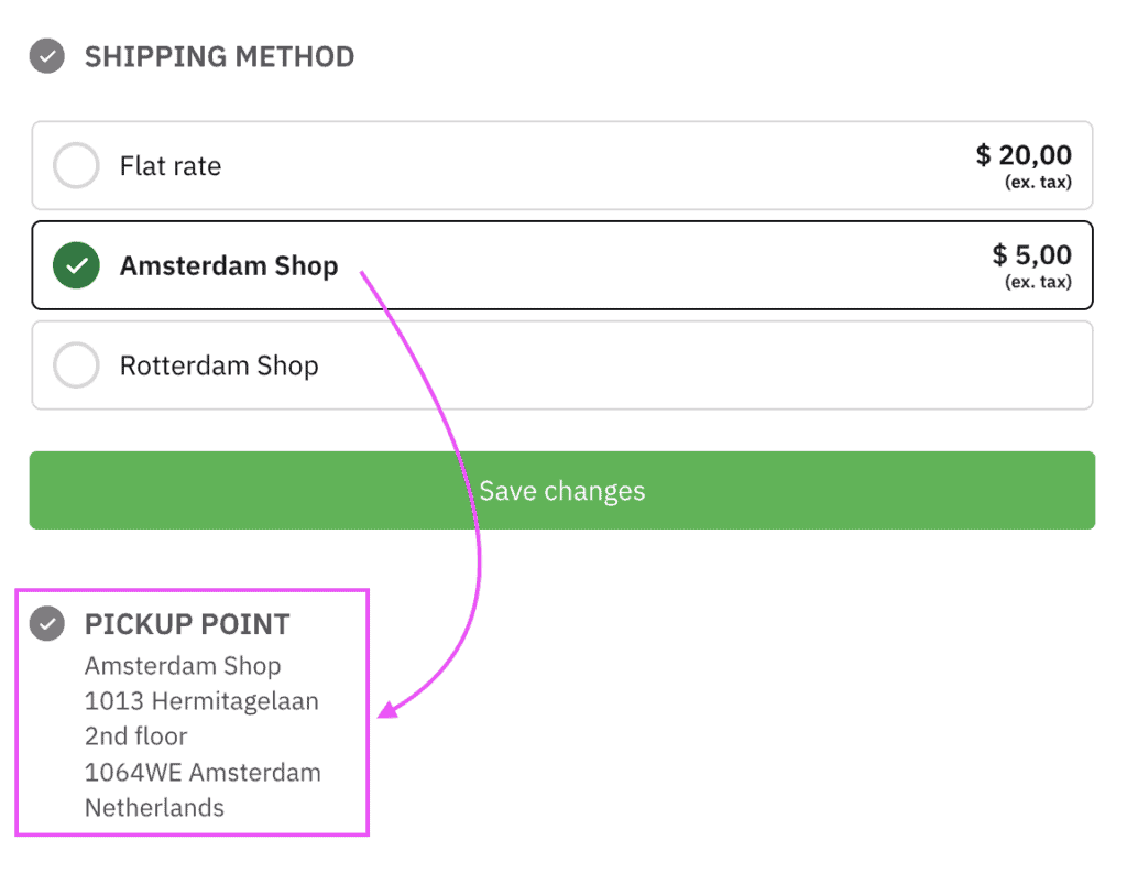 Screenshot of the available shipping method list on the checkout page showing the pickup location associated with the selected shipping method.