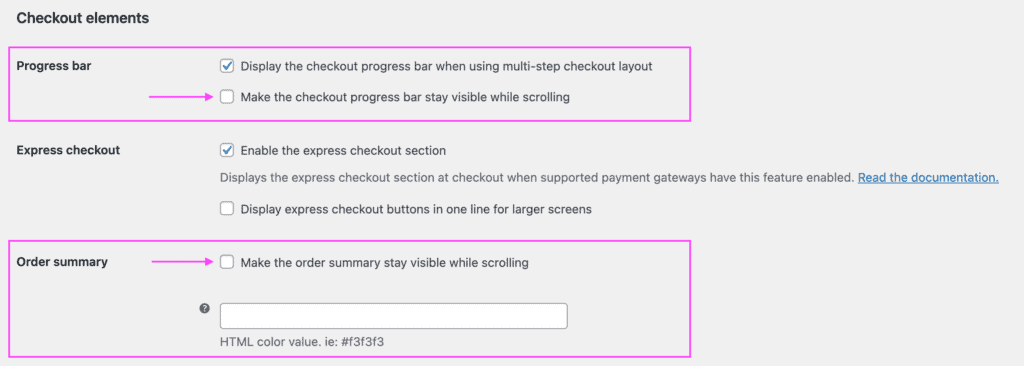 Screenshot showing the options to set the progress bar and order summary to stay visible while scrolling the page.