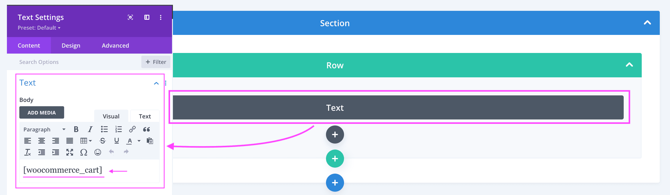 Screenshot showing the cart page in the Divi Builder edit mode, with a Text widget added for the cart shortcode.