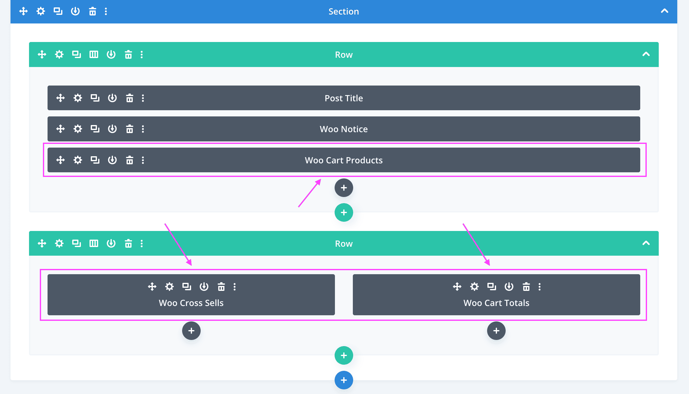 Screenshot showing the Divi Builder custom widgets for the cart page in edit mode.