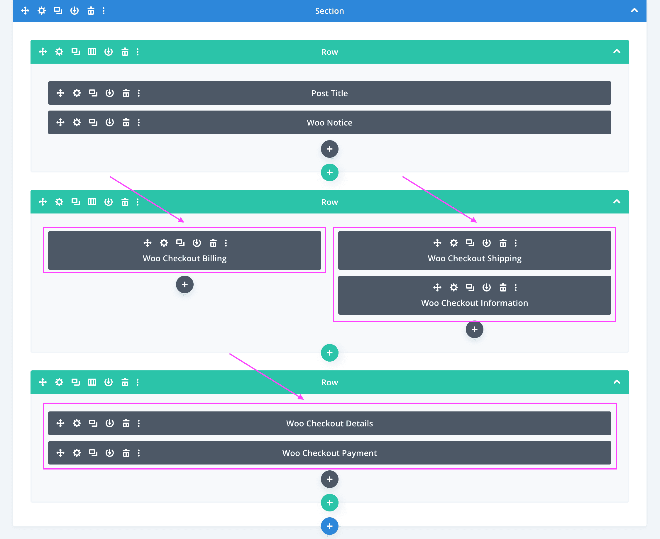 Screenshot showing the Divi Builder custom widgets for the checkout page in edit mode.