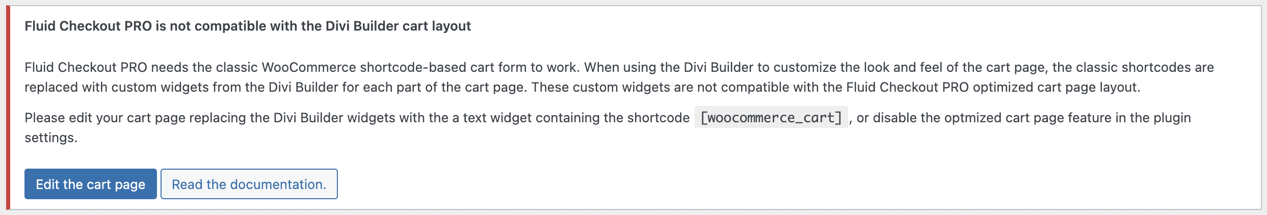 Notice in the website admin area about compatibility issues with the Divi Builder custom cart widget.
