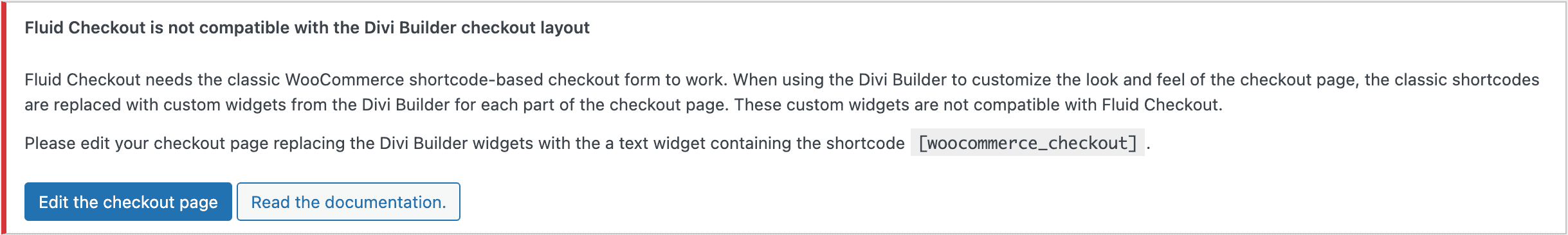 Notice in the website admin area about compatibility issues with the Divi Builder custom checkout widget.