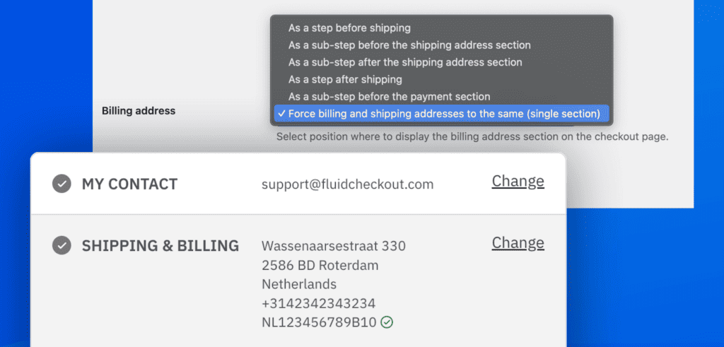 Screenshots showing shipping and billing address as a single section on the checkout page and the various other options for the billing address section position.