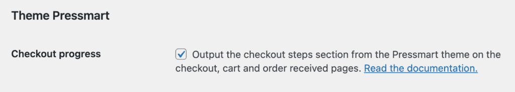Screenshot of the Pressmart checkout progress section options in the Fluid Checkout integration settings.