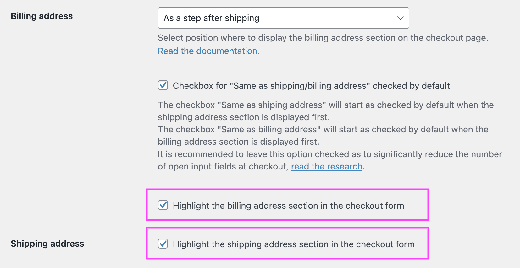 Screenshot of the options to highlight the billing address and shipping address sections on the checkout page.