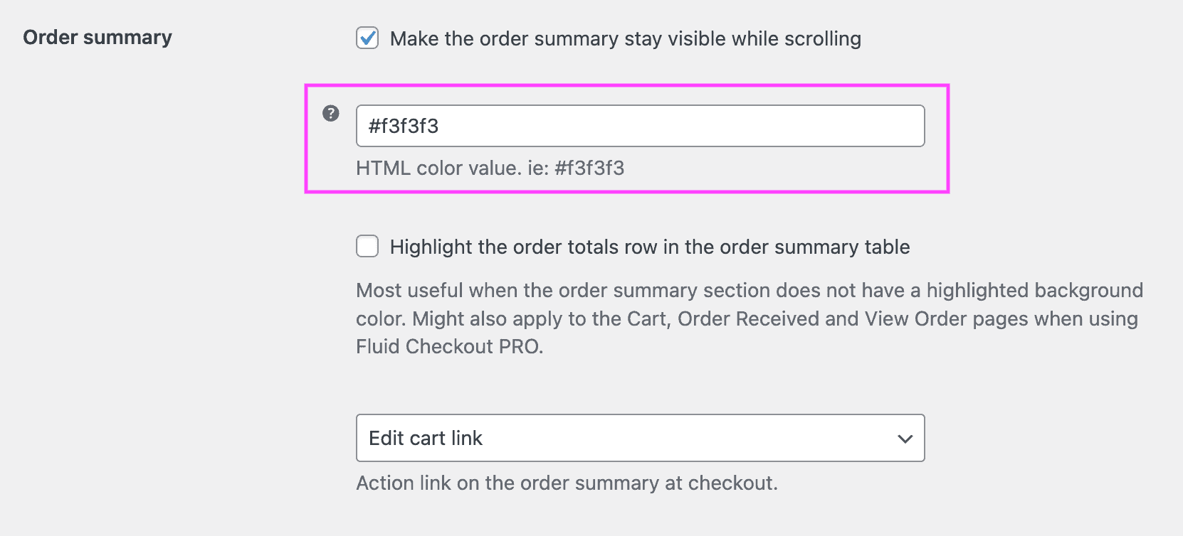 Screenshot of the order summary background color option in the plugin settings.