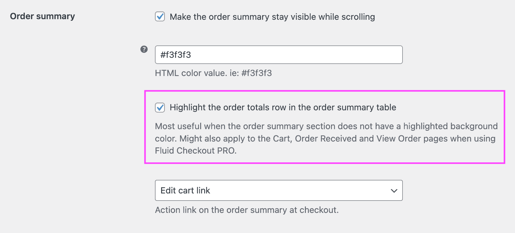 Screenshot of the option to highlight the order totals line in the order summary section.